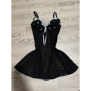 delicates Black Babydoll Lingerie‎ Lace Trim Bow Accent Medium